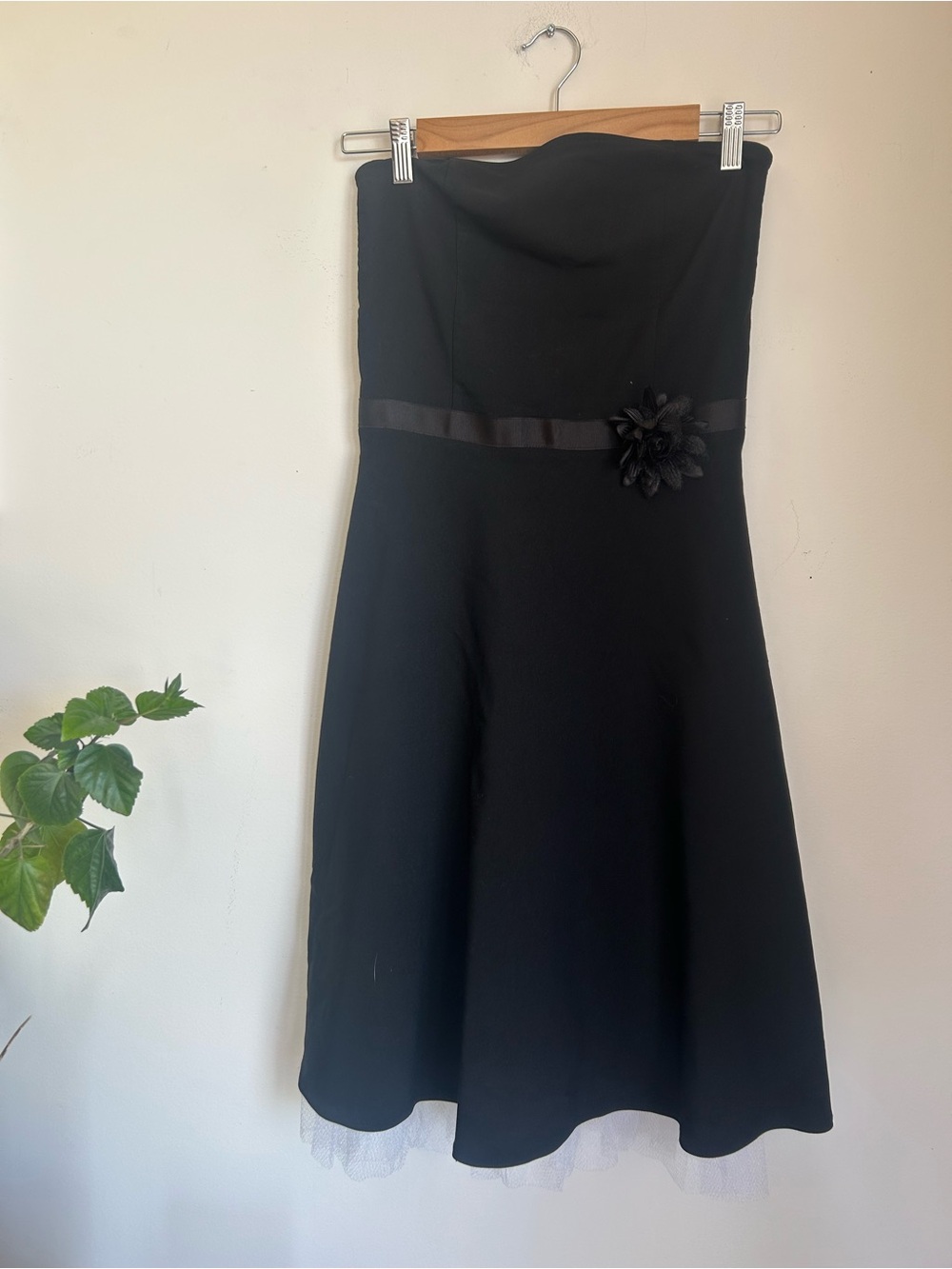 Strapless Black A-Line Cocktail Dress with Floral Waist Detail